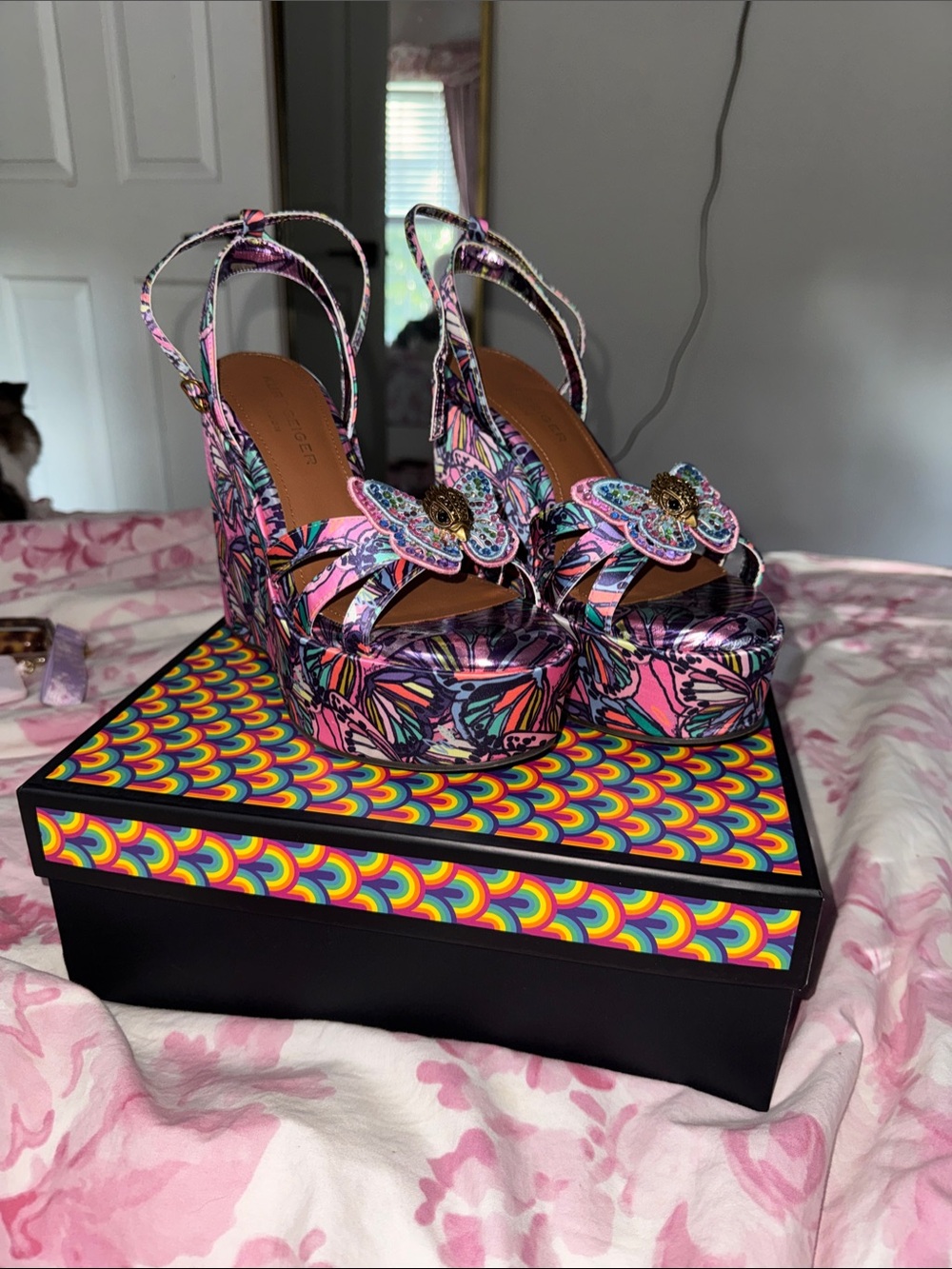 Kurt Geiger Pink Tropical Print Platform Wedge Sandals